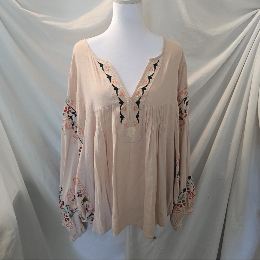 Easel Ivory Bohemian Embroidered Floral Long Sleeve Blouse Oversized Sz L